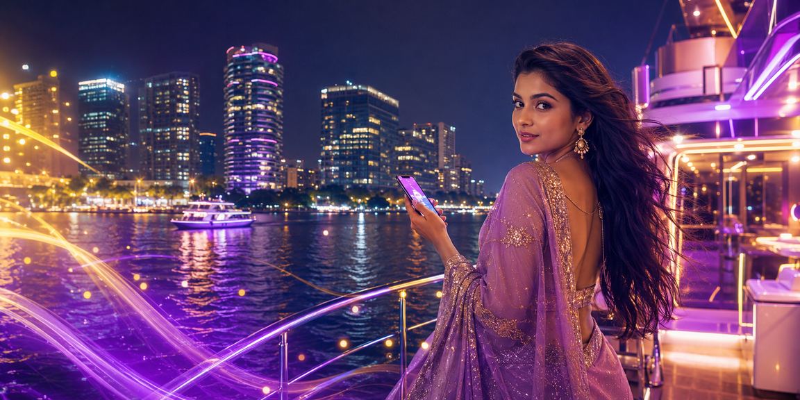 ঢাকায় নিয়ন আলোয় মোবাইলে পেমেন্ট করছেন একজন ব্যবহারকারী